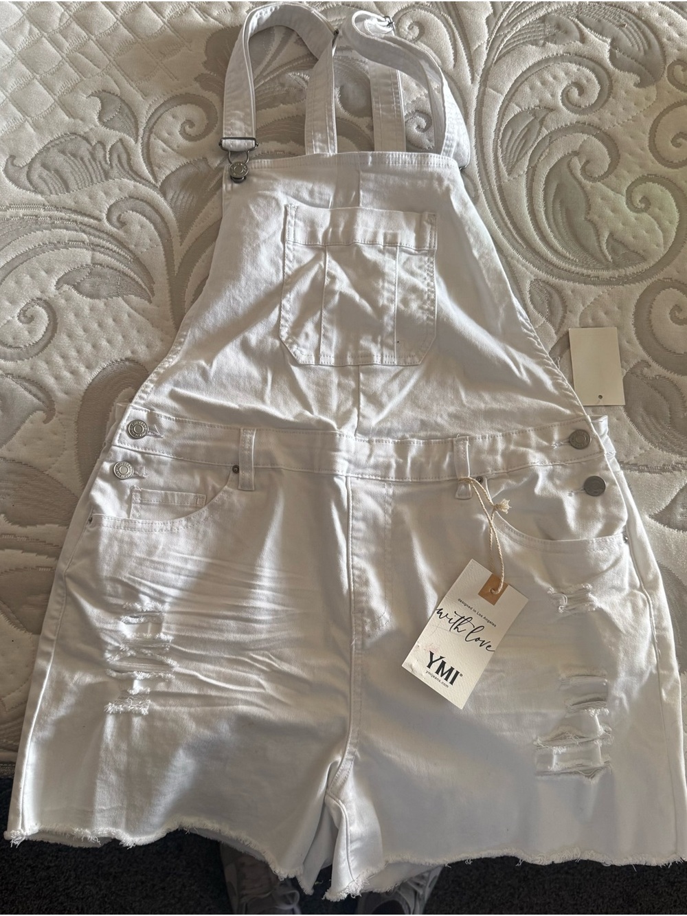 YMI White Distressed Denim Short Overalls